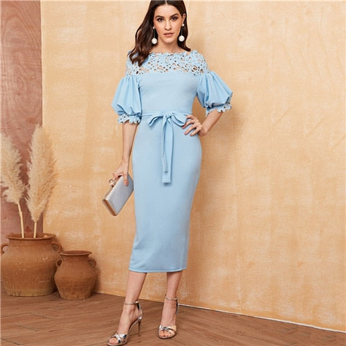 SHEIN Guipure Lace Yoke Bishop Sleeve Pencil Dress Women White Pencil –  vergula