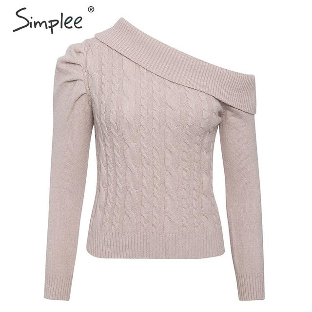 Simplee Sexy irregular knitted sweater women Asymmetrical puff shoulder pullover female jumper Ladies solid winter sweater 2019