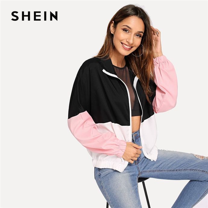 SHEIN Multicolor Elastic Hem Color Block Windbreaker Jacket Women Summer Autumn Long Sleeve Sporting Streetwear Outerwear Coats