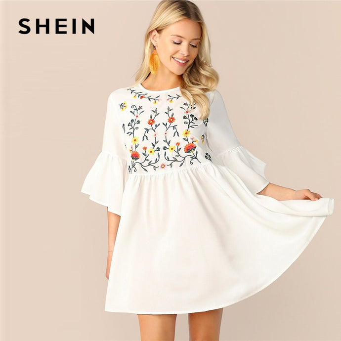 SHEIN Embroidered Floral Flounce Sleeve Smock Dress Boho A Line Women Flared Cute Dresses White High Waist Summer Dresses