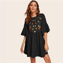 Load image into Gallery viewer, SHEIN Embroidered Floral Flounce Sleeve Smock Dress Boho A Line Women Flared Cute Dresses White High Waist Summer Dresses