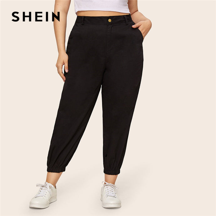SHEIN Plus Size Black Pocket Side Solid Cropped Pants 2019 Women Casual Spring Autumn Ladies Basics Plus Harem Pants