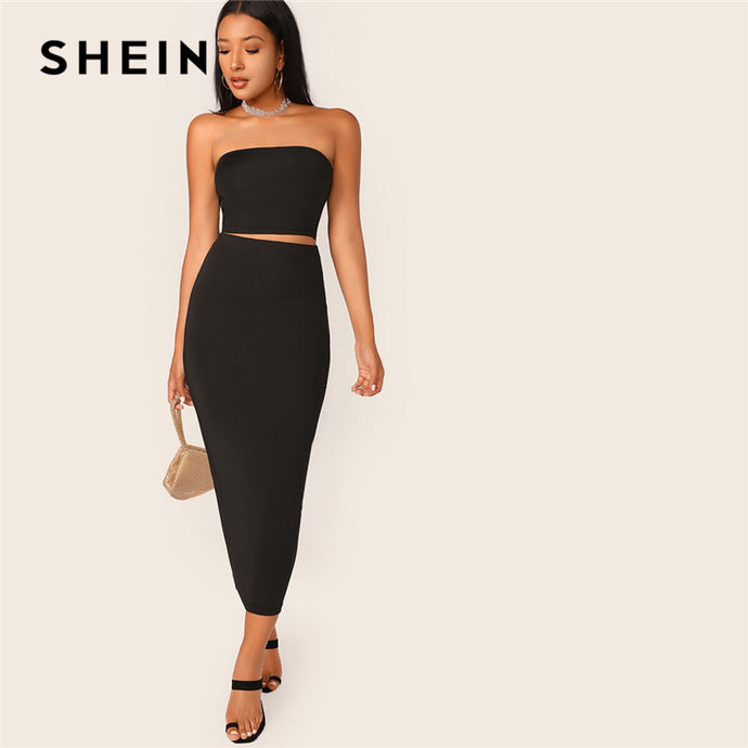 SHEIN Black Solid Tube Crop Top and Long Pencil Skirt Set Slim Fit 2 Piece Set Women Summer Stretchy Boho Skinny Two Piece Set