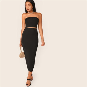 SHEIN Black Solid Tube Crop Top and Long Pencil Skirt Set Slim Fit 2 Piece Set Women Summer Stretchy Boho Skinny Two Piece Set