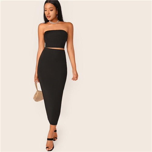 SHEIN Black Solid Tube Crop Top and Long Pencil Skirt Set Slim Fit 2 Piece Set Women Summer Stretchy Boho Skinny Two Piece Set