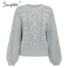 Load image into Gallery viewer, Simplee Hollow out knitted women pullover sweater Lantern sleeve female autumn winter sweater O-neck casual ladies jumper 2019