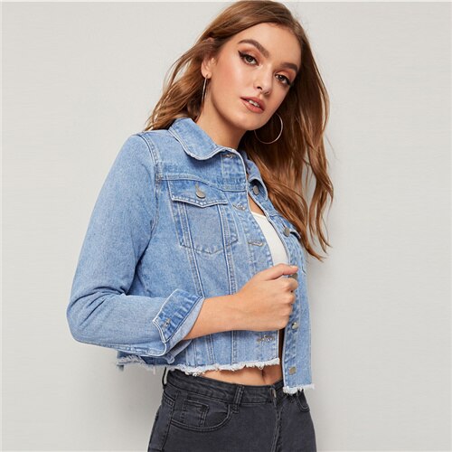 SHEIN Blue Frayed Edge Flap Pocket Spring Denim Jacket Coat Women 2019 Autumn Streetwear Single Breasted Ladies Casual Jackets