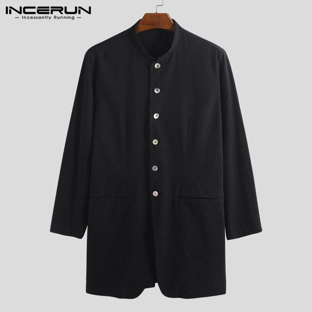 INCERUN 2019 Stylish Casual Men Blazers Solid Button Long Sleeve Outerwear Stand Collar Social Business Men Brand Blazer Coats