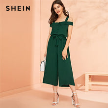 Load image into Gallery viewer, SHEIN Green Button Front Belted Wide Leg Crop Jumpsuit Women 2019 Summer Solid Straps Cold Shoulder Mid Waist Elegant  Jumpsuits