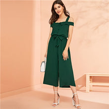 Load image into Gallery viewer, SHEIN Green Button Front Belted Wide Leg Crop Jumpsuit Women 2019 Summer Solid Straps Cold Shoulder Mid Waist Elegant  Jumpsuits