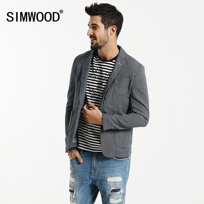 SIMWOOD 2019 Autumn  Casual Blazers Men Plaid Suits  Fashion Coats Pocket Single Button 100% Pure Cotton  Slim Fit XZ6123