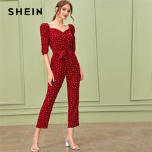 Load image into Gallery viewer, SHEIN Sweetheart Neck Puff Sleeve Elegant Jumpsuit With Belt Women 2019 Autumn Half Sleeve High Waist Straight Leg Jumpsuits