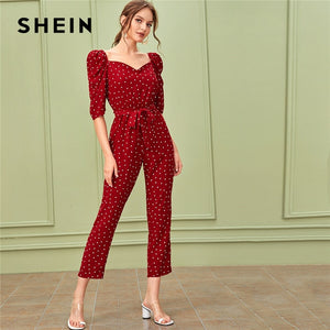 SHEIN Sweetheart Neck Puff Sleeve Elegant Jumpsuit With Belt Women 2019 Autumn Half Sleeve High Waist Straight Leg Jumpsuits