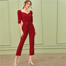 Load image into Gallery viewer, SHEIN Sweetheart Neck Puff Sleeve Elegant Jumpsuit With Belt Women 2019 Autumn Half Sleeve High Waist Straight Leg Jumpsuits