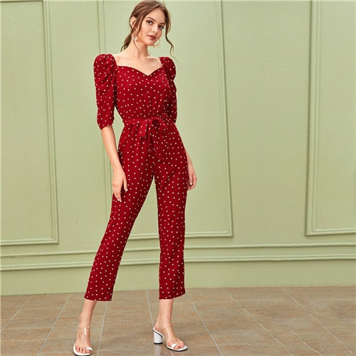 SHEIN Sweetheart Neck Puff Sleeve Elegant Jumpsuit With Belt Women 2019 Autumn Half Sleeve High Waist Straight Leg Jumpsuits