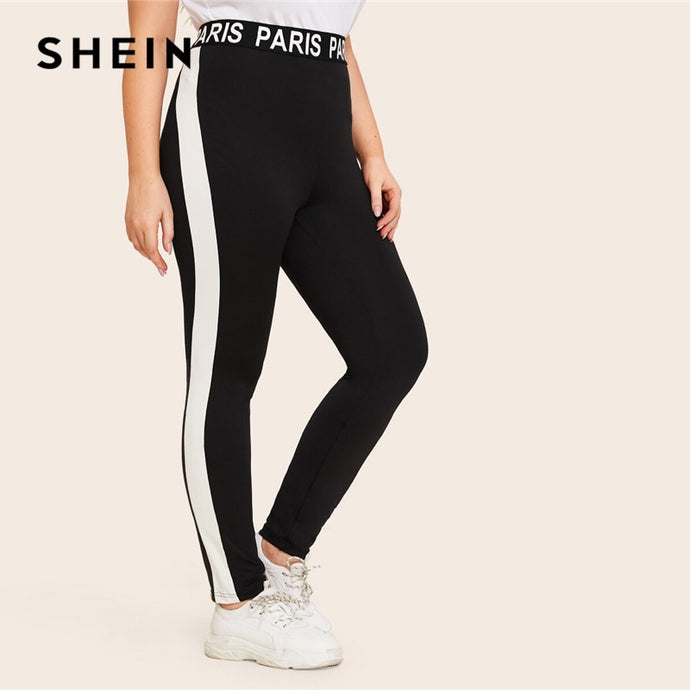 SHEIN Plus Size Black Lettering Tape Waistband Side Striped Leggings Women Casual Summer Autumn Basics Plus Slim Fit Leggings