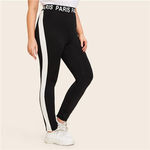 SHEIN Plus Size Black Lettering Tape Waistband Side Striped Leggings Women Casual Summer Autumn Basics Plus Slim Fit Leggings