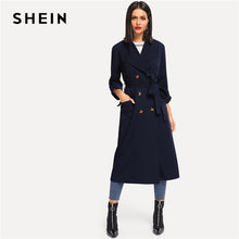 Load image into Gallery viewer, SHEIN Navy Rolled Tab Sleeve Double Breasted Belted Longline Trench Coat Women Autumn Pocket Elegant Highstreet Outerwear Coats