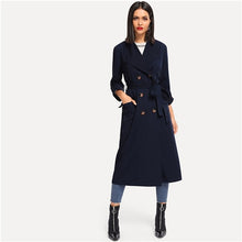 Load image into Gallery viewer, SHEIN Navy Rolled Tab Sleeve Double Breasted Belted Longline Trench Coat Women Autumn Pocket Elegant Highstreet Outerwear Coats