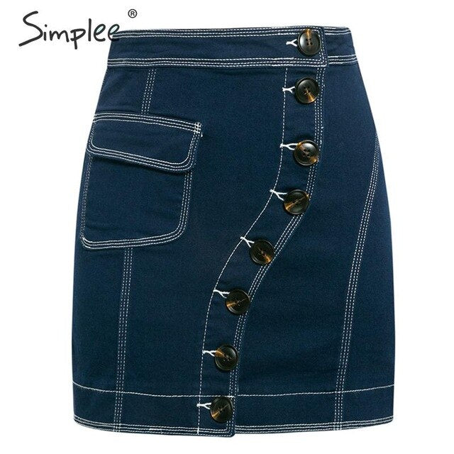 Simplee Patchwork A-line button women jeans skirt High waist pocket female mini skirts Casual streetwear ladies short skirt 2019