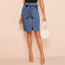 Load image into Gallery viewer, SHEIN Slit Front Belted Denim Skirt Women Summer Casual Fashion Shift Skirts Blue Solid Zipper Korean Style Skirts