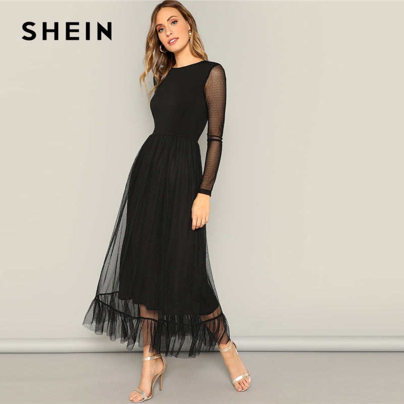 SHEIN Fit And Flare Mesh Overlay Ruffle Hem Dress Women Casual 2019 Su –  vergula