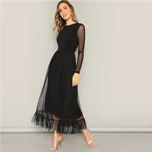 Load image into Gallery viewer, SHEIN Fit And Flare Mesh Overlay Ruffle Hem Dress Women Casual 2019 Summer Round Neck Long Sleeve High Waist Dresses