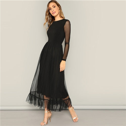 SHEIN Fit And Flare Mesh Overlay Ruffle Hem Dress Women Casual 2019 Summer Round Neck Long Sleeve High Waist Dresses