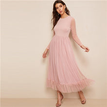 Load image into Gallery viewer, SHEIN Fit And Flare Mesh Overlay Ruffle Hem Dress Women Casual 2019 Summer Round Neck Long Sleeve High Waist Dresses