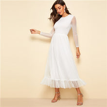 Load image into Gallery viewer, SHEIN Fit And Flare Mesh Overlay Ruffle Hem Dress Women Casual 2019 Summer Round Neck Long Sleeve High Waist Dresses