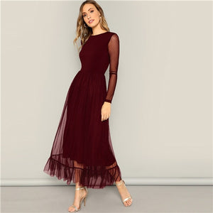 Fit and flare mesh best sale overlay ruffle hem dress