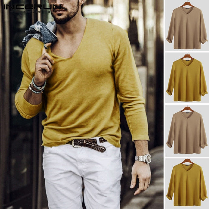 INCERUN 2019 Men Autumn V-neck Long-sleeved Solid Color Thin Pullover Sweater Casual Loose Streetwear Comfortable Simple Sweater