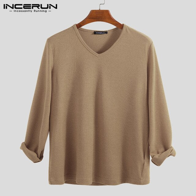 INCERUN 2019 Men Autumn V-neck Long-sleeved Solid Color Thin Pullover Sweater Casual Loose Streetwear Comfortable Simple Sweater