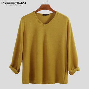 INCERUN 2019 Men Autumn V-neck Long-sleeved Solid Color Thin Pullover Sweater Casual Loose Streetwear Comfortable Simple Sweater