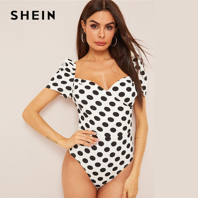 SHEIN Black And White Polka Dot Wrap Front Elegant Bodysuit Women Tops 2019 Summer Puff Sleeve Sweetheart Neck Skinny Bodysuits