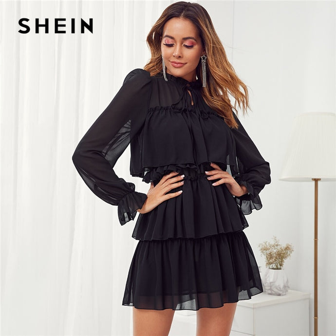 SHEIN Black Frill Tie Neck Ruffle Trim Layered Mesh Party Mini Dress Women Autumn Stand Collar Shift Ladies Elegant Dresses