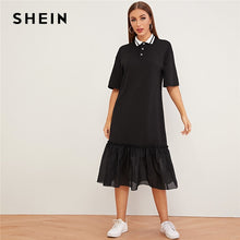 Load image into Gallery viewer, SHEIN Black Half Placket Drop Ruffle Hem Tunic Dress Women Autumn Drop Waist Turn-down Collar Casual Straight Solid Dresses