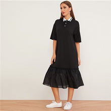 Load image into Gallery viewer, SHEIN Black Half Placket Drop Ruffle Hem Tunic Dress Women Autumn Drop Waist Turn-down Collar Casual Straight Solid Dresses