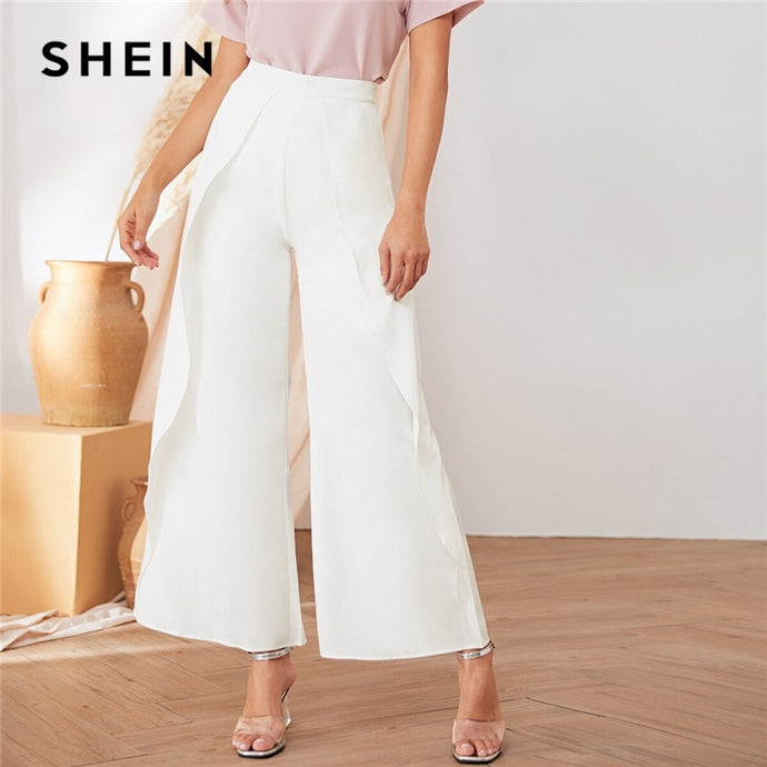 SHEIN White Solid Elastic Waist Casual Loose Long Pants Women Bottoms 2019 Autumn Wide Leg Ruffle Trousers For Office Ladies