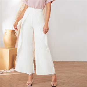 SHEIN White Solid Elastic Waist Casual Loose Long Pants Women Bottoms 2019 Autumn Wide Leg Ruffle Trousers For Office Ladies