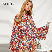 Load image into Gallery viewer, SHEIN Stand Collar Floral Print Frill Boho Romper Jumpsuit Women Autumn Holiday Flounce Sleeve Knot Backless Wide Leg Jumpsuits