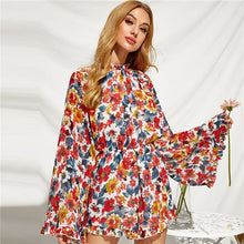 Load image into Gallery viewer, SHEIN Stand Collar Floral Print Frill Boho Romper Jumpsuit Women Autumn Holiday Flounce Sleeve Knot Backless Wide Leg Jumpsuits