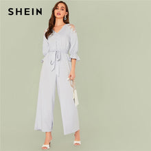 Load image into Gallery viewer, SHEIN Blue Solid V Neck Contrast Lace Shoulder Belted Jumpsuit Women Autumn Flounce Sleeve Button Front Elegant Shirt Jumpsuits