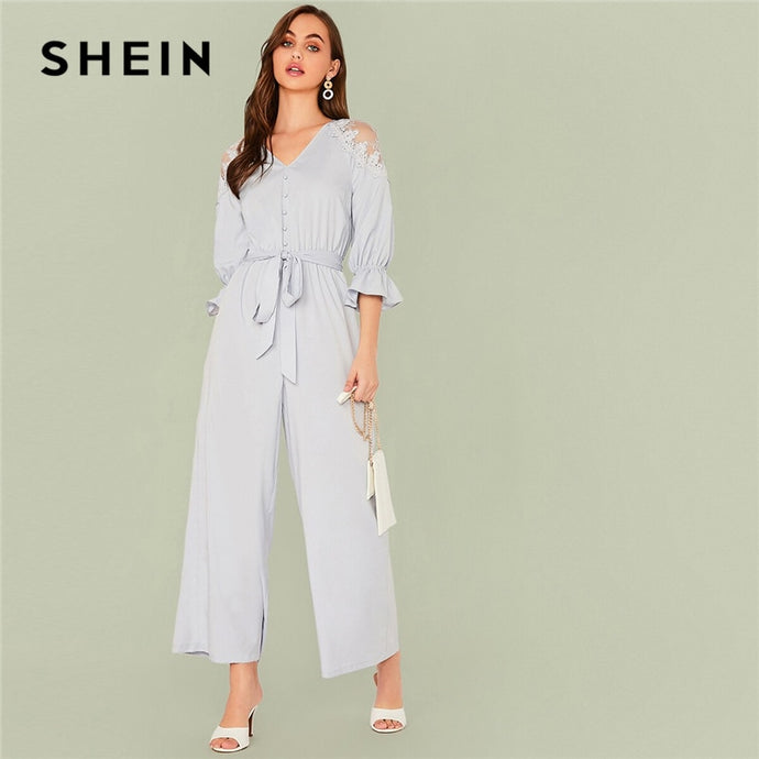 SHEIN Blue Solid V Neck Contrast Lace Shoulder Belted Jumpsuit Women Autumn Flounce Sleeve Button Front Elegant Shirt Jumpsuits