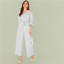 Load image into Gallery viewer, SHEIN Blue Solid V Neck Contrast Lace Shoulder Belted Jumpsuit Women Autumn Flounce Sleeve Button Front Elegant Shirt Jumpsuits