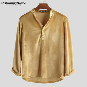 INCERUN 2019 Winter Stand Collar Long Sleeve Men's High Quality Shirt Set Button Solid Color Fashion Men Comfortable Shirt 5XL