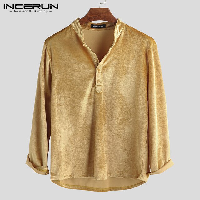 INCERUN 2019 Winter Stand Collar Long Sleeve Men's High Quality Shirt Set Button Solid Color Fashion Men Comfortable Shirt 5XL