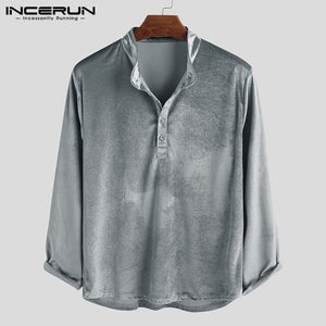 INCERUN 2019 Winter Stand Collar Long Sleeve Men's High Quality Shirt Set Button Solid Color Fashion Men Comfortable Shirt 5XL