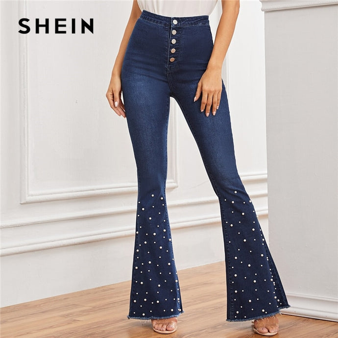 SHEIN Navy Pearls Beaded Pocket Frayed Edge Long Vintage Jeans Women 2019 Autumn Button Fly High Waist Flare Leg Denim Pants