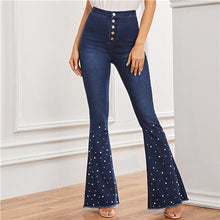 Load image into Gallery viewer, SHEIN Navy Pearls Beaded Pocket Frayed Edge Long Vintage Jeans Women 2019 Autumn Button Fly High Waist Flare Leg Denim Pants
